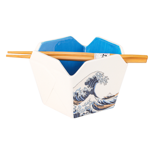 16oz 5"W x 4"H Takeout Box Serving Bowl With Chopsticks Hokusai Wave (4/16)
