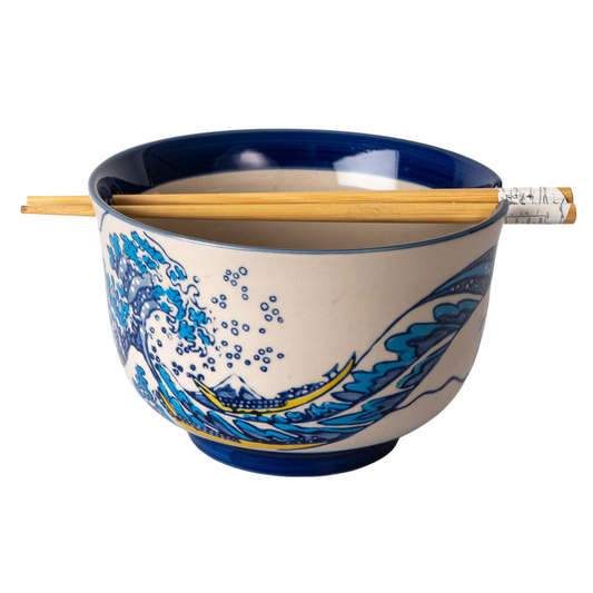 24oz 6"Dx4"H Noodle Bowl With Chopsticks Set Hokusai Wave Design (4/16)