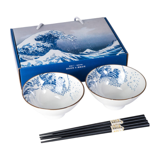 Great Wave Double Rice Set of 10oz 4.5"D Bowl With Chopsticks Gift Set 1/16)