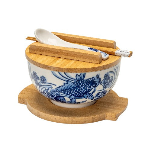 Koi Fish 28oz 6"D Bowl With Chopsticks, Spoon Bamboo Lid and Trivet Set (1/8)