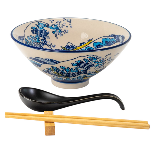24oz 8"D Bowl With Chopsticks, Spoon and Chopsticks Rest Set Great Wave Design (4/16)