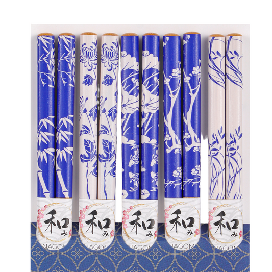 5 Piece Chopsticks Set Blue White Floral