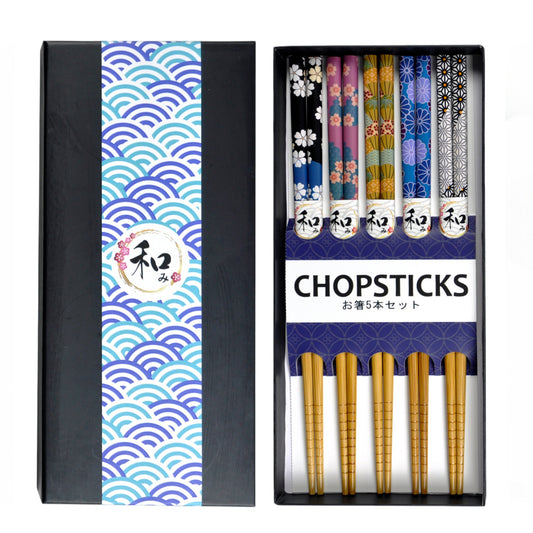 5 Piece Chopsticks Set Floral Print With Gift Box