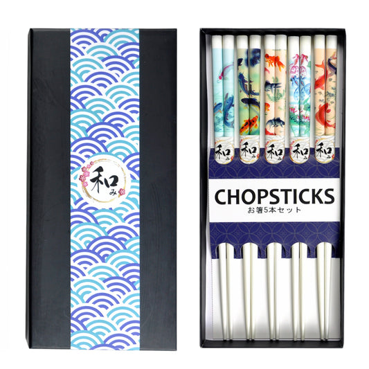 5 Piece Chopsticks Set Koi Fish White with Gift Box