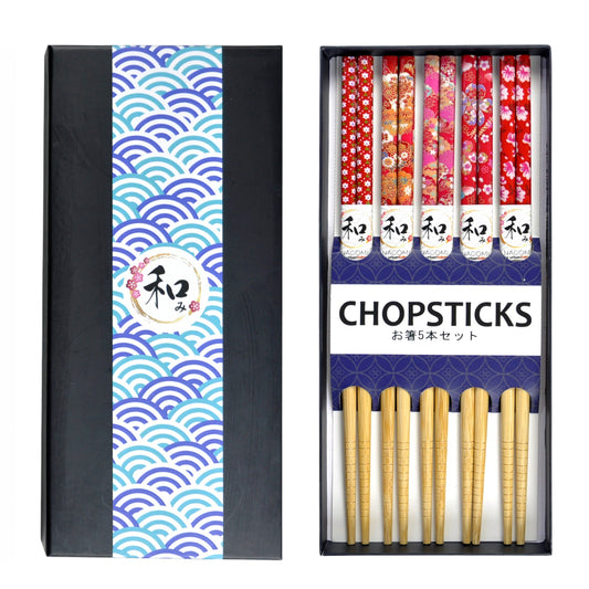 5 Piece Chopsticks Set Red Floral Pattern with Gift Box