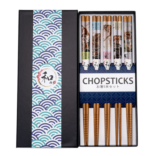 5 Piece Chopsticks Set Tiger with Gift Box