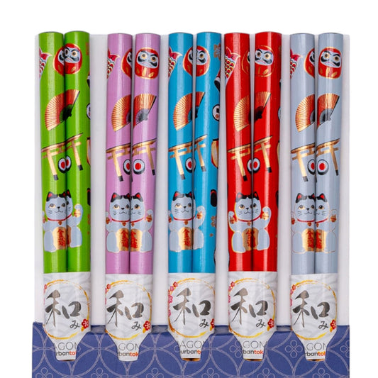 5 Piece Chopsticks Set Lucky Cats Assorted Colors