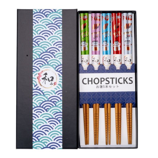 5 Piece Chopsticks Set Lucky Cats with Gift Box