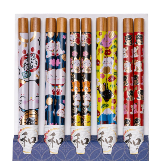 5 Piece Chopsticks Set Lucky Cats Assorted Colors