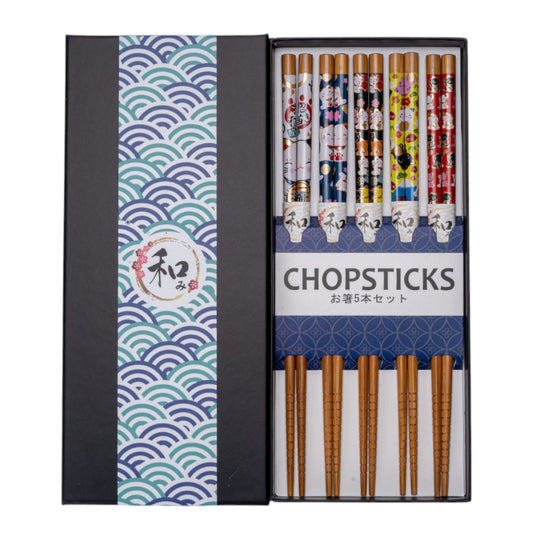 5 Piece Chopsticks Set Lucky Cats with Gift Box