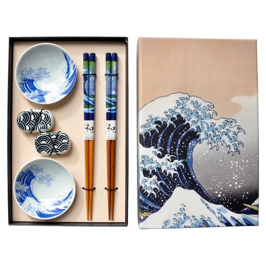 Great Wave 2 Pair Wooden Chopsticks, Chopsticks Rest and Sauce Dish Gift Set (1/40)