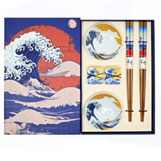 Great Wave 2 Pair Wooden Chopsticks, Chopsticks Rest and Sauce Dish Gift Set