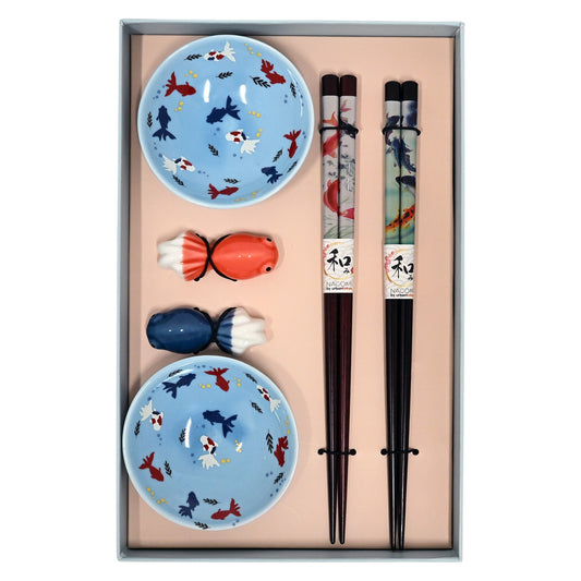 Goldfish Kingyo 2 Pair Wooden Chopsticks, Chopsticks Rest and Sauce Dish Gift Set