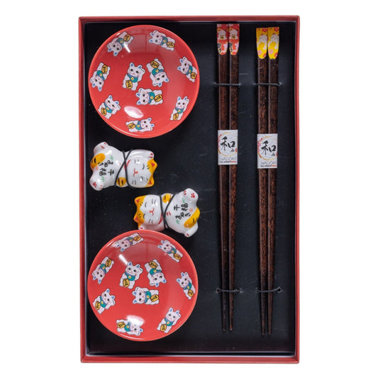 Lucky Cats 2 Pair Wooden Chopsticks, Chopsticks Rest and Sauce Dish Gift Set