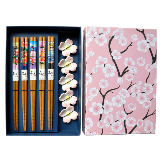 Sakura Cherry Blossoms 5 Pair Chopsticks and Chopsticks Rests Gift Set