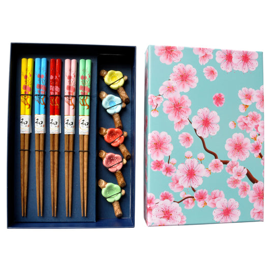 Ume Plum Blossoms 5 Pair Chopsticks and Chopsticks Rests Gift Set