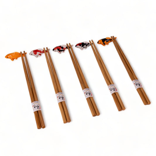 5 Piece Chopsticks and Japanese Koi Fish Porcelain Chopsticks Rest Gift Set