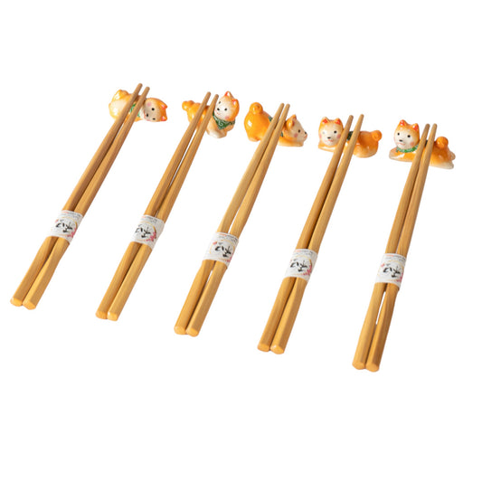 5 Piece Chopsticks and Shiba Inu Porcelain Chopsticks Rest Gift Set