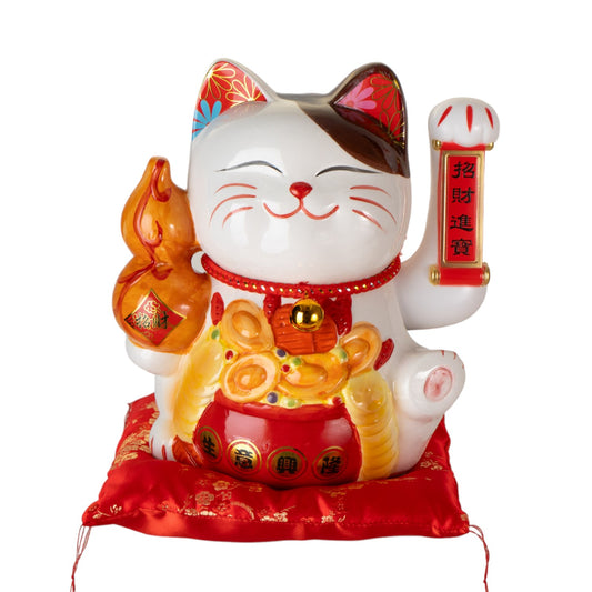 Maneki Neko Beckoning Lucky Cat Figurine with Waving Arms 10"H Porcelain