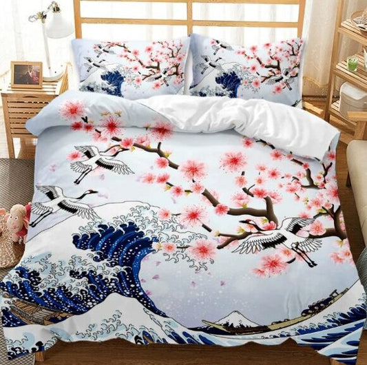 3 Piece Duvet and Pillow Covers Set Sakura Wave King Size (1/12)