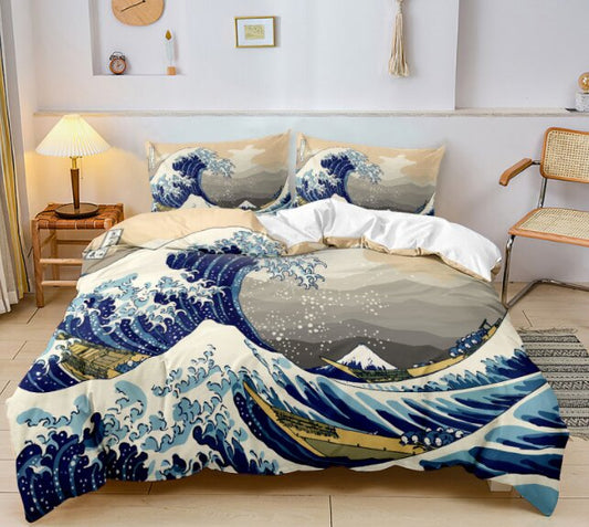 3 Piece Duvet and Pillow Covers Set Great Wave King Size (1/12)