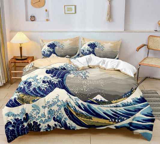 3 Piece Duvet and Pillow Covers Set Great Wave Queen Size (1/14)