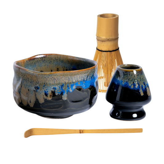 Minoware Matcha Set 18oz Porcelain Bowl with Stand, Whisk and Scoop Black Blue JP (1/24)
