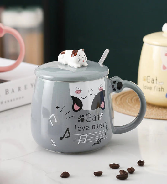 Cat Love Music 15oz Mug With Lid and Spoon Gray