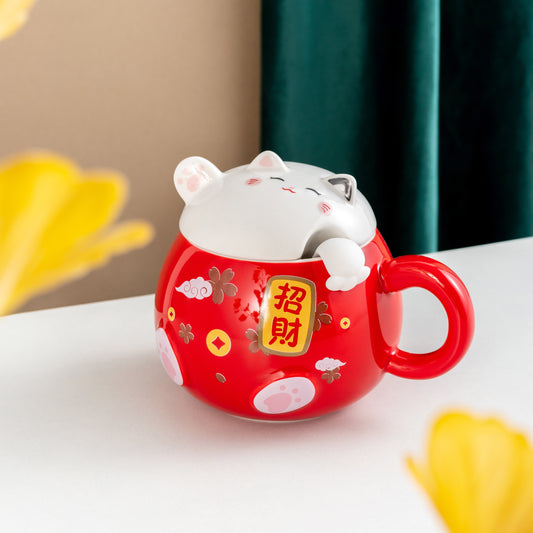 Fortune Cat 15oz Mug With Lid and Spoon