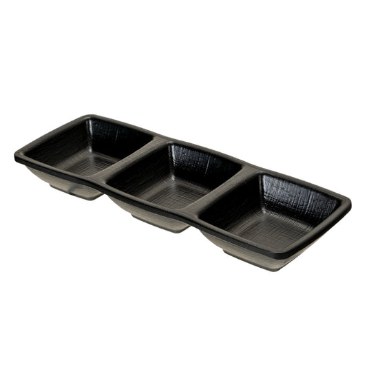 Silk Black Melamine Triple-Divided Sauce Dish – 8 x 3 in.
