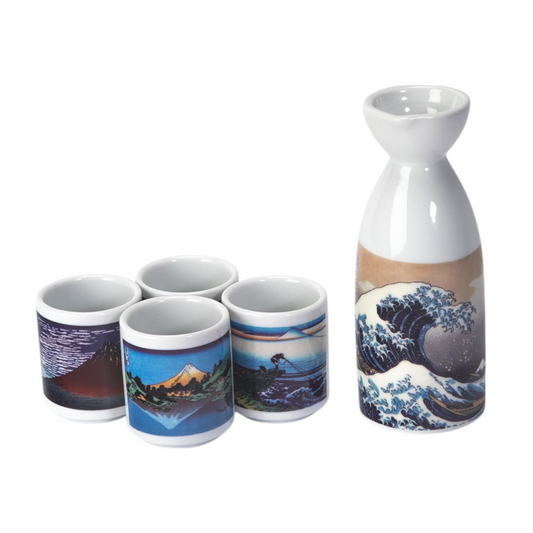 8oz Sake Bottle and 4 Cups Gift Set Hokusai Wave JP (1/36)
