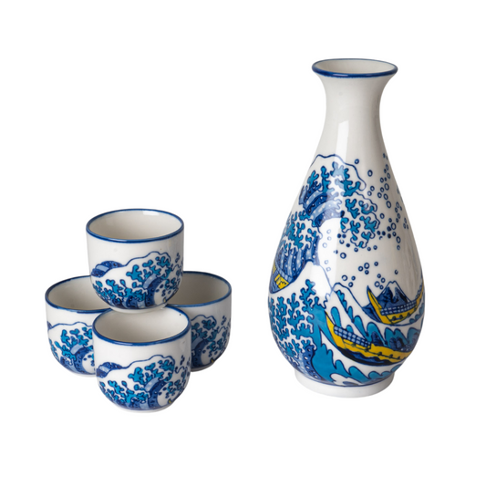 Great Wave Porcelain Glazed 10 oz Sake Bottle and 4 Cups Gift Set (4/16)