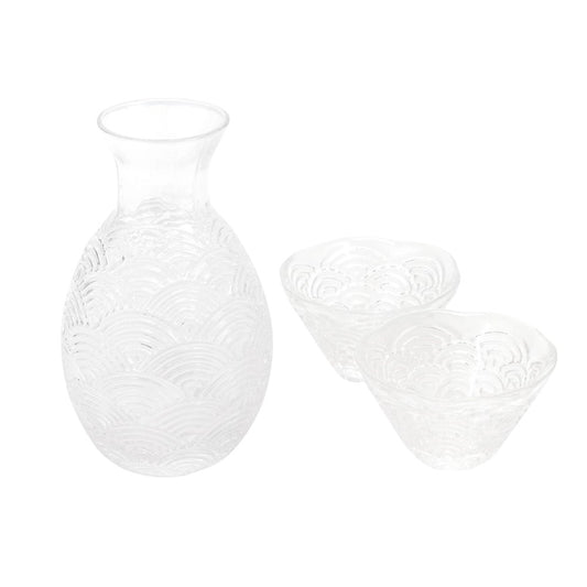 10oz Glass Sake Bottle Seigaiha Clear and 2 Cups Set (1/18)
