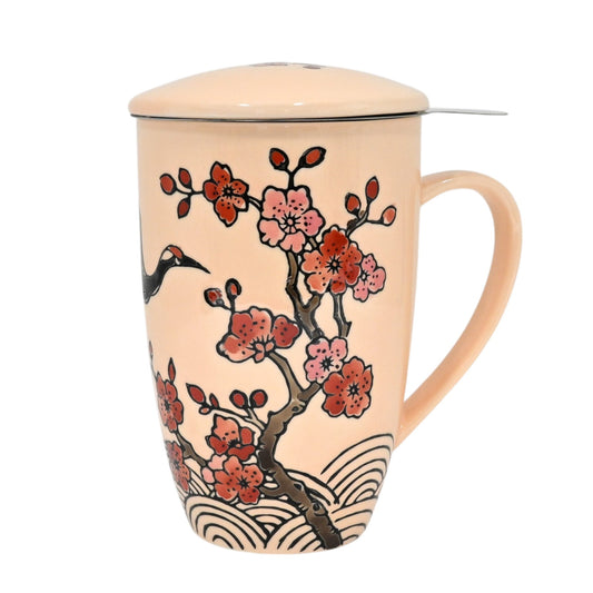 Crane Flower Design 15oz Tea Mugs with Lid and Infuser for Loose Leaf Tea (4/32)