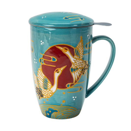 Japanese Crane Design 15oz Tea Mugs with Lid and Infuser for Loose Leaf Tea (4/32)