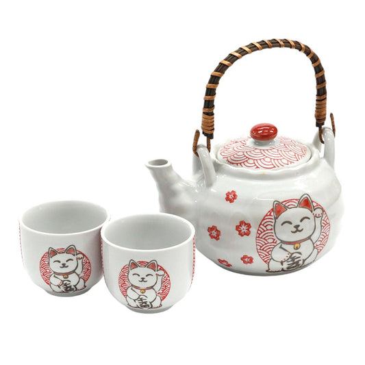 Maneki Neko Seigaiha Tea Set 22oz Tea Pot with 2 Cups (1/12)