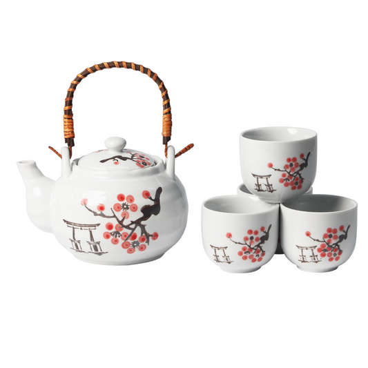 Sakura with Torii Tea Set 22oz Tea Pot with 4 Cups (1/12)