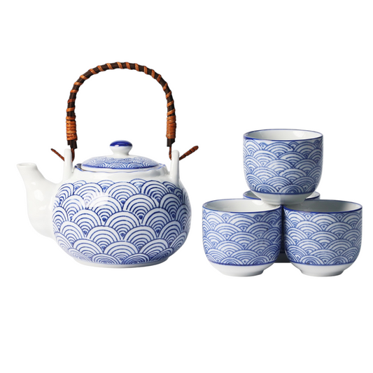 Japanese Seikaiha Waves Tea Set 22oz Tea Pot with 4 Cups (1/12)
